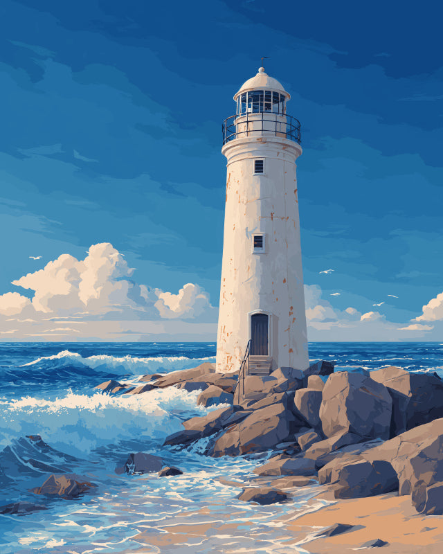 Peinture par numéro adulte Phare sur les Rochers, visuel complet du design sur toile, Maison Artsen