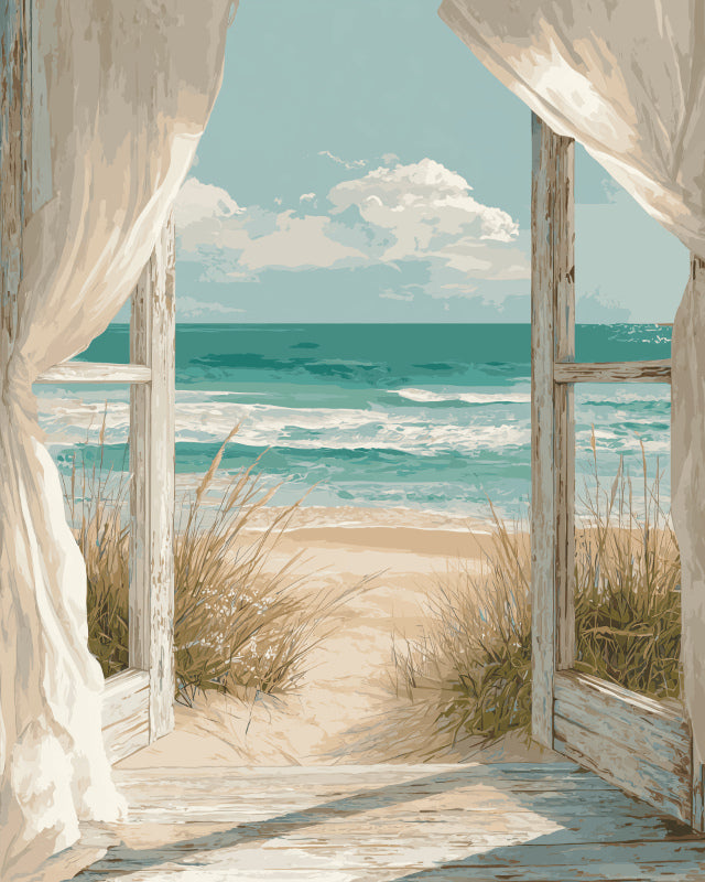 Peinture par numéro adulte Porte Ouverte sur la Plage, visuel complet du design sur toile, Maison Artsen