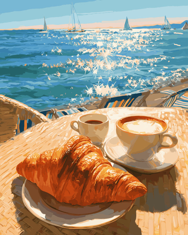 Peinture par numéro adulte Croissant Face à la Mer, visuel complet du design sur toile, Maison Artsen