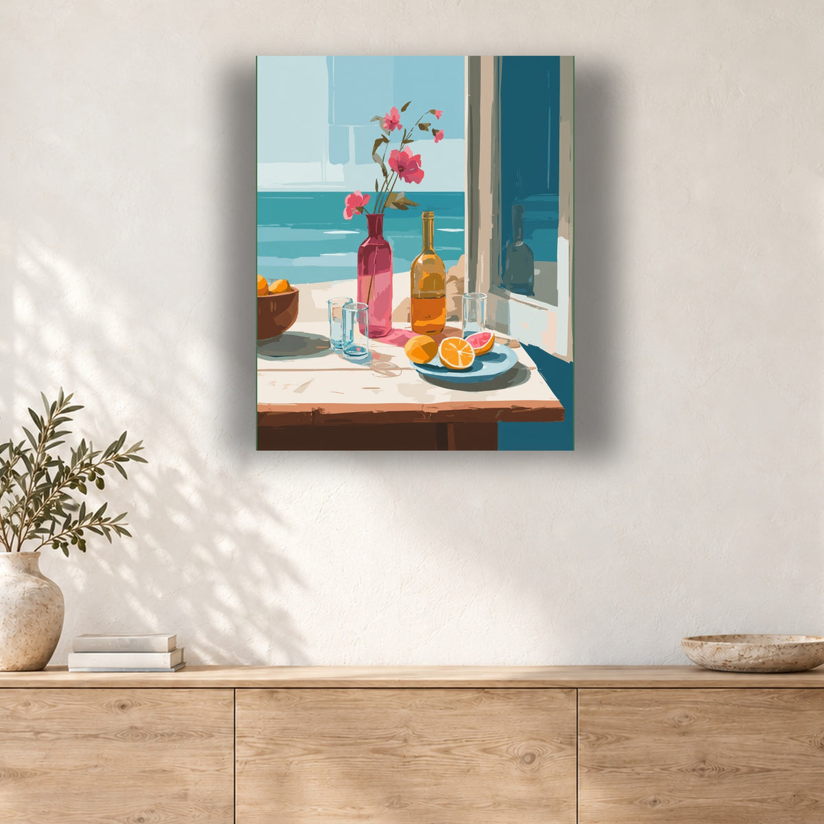 Tableau peinture par numéro Nature Morte Face à la Mer accroché dans un intérieur décoré, Maison Artsen