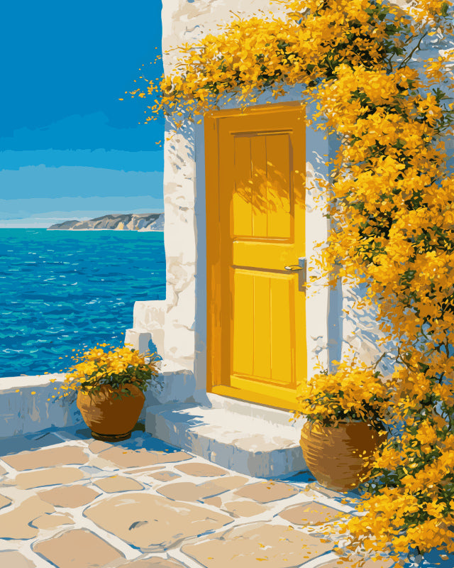 Peinture par numéro adulte Porte Jaune sur la Mer, visuel complet du design sur toile, Maison Artsen
