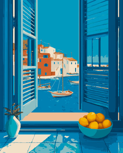 Peinture par numéro adulte Volets Bleus sur le Port, visuel complet du design sur toile, Maison Artsen