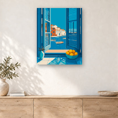 Tableau peinture par numéro Volets Bleus sur le Port accroché dans un intérieur décoré, Maison Artsen