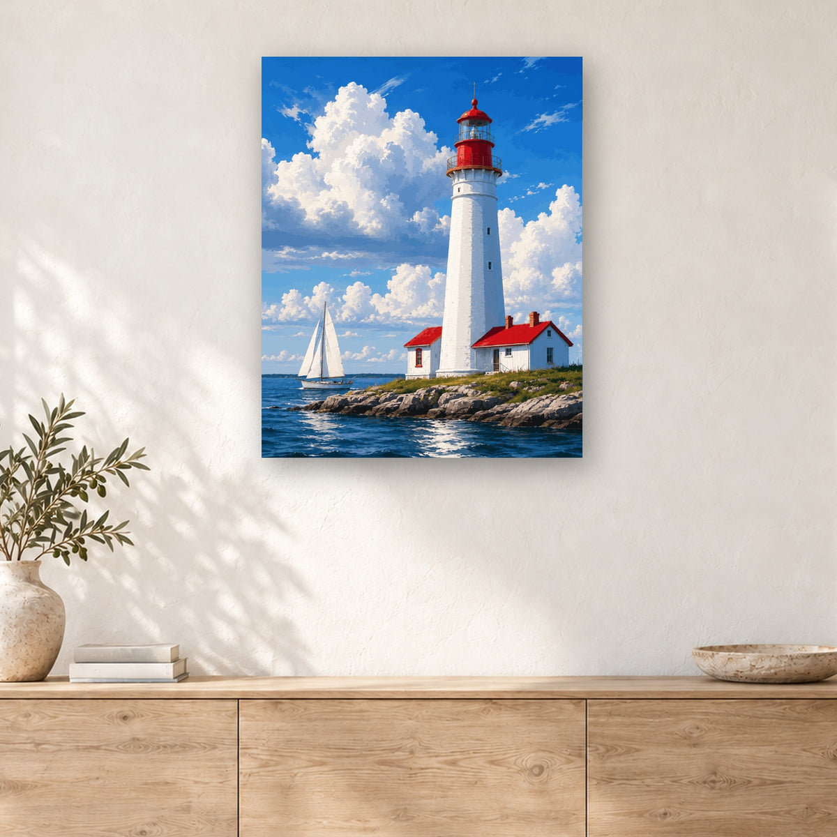 Tableau peinture par numéro Phare sous les Nuages accroché dans un intérieur décoré, Maison Artsen