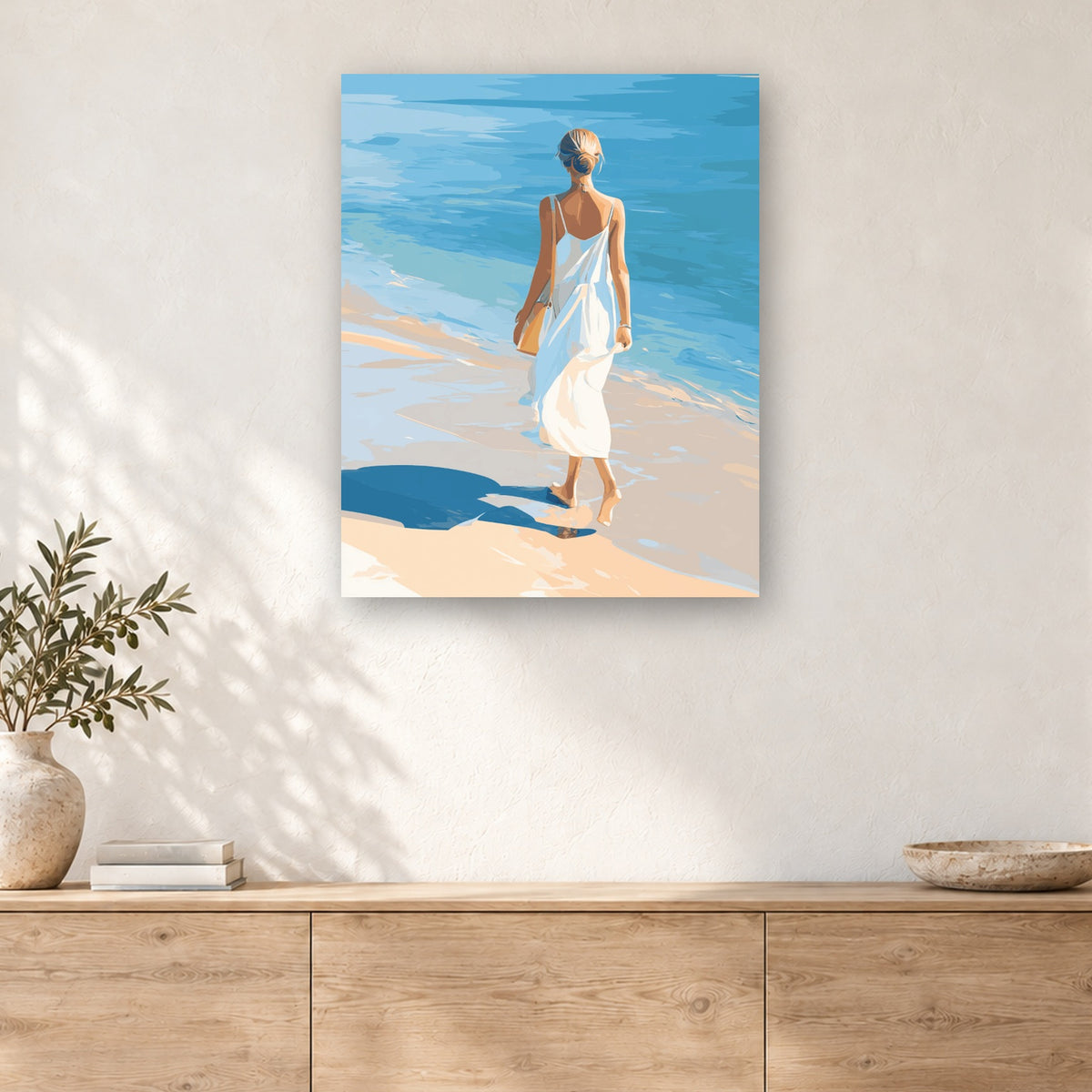 Tableau peinture par numéro Pieds Nus sur le Sable accroché dans un intérieur décoré, Maison Artsen