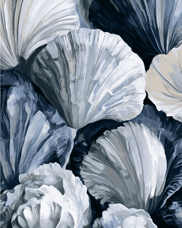 Peinture par numéro adulte Coquillages Gris Bleu, visuel complet du design sur toile, Maison Artsen