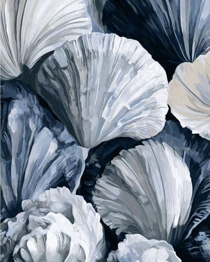 Peinture par numéro adulte Coquillages Gris Bleu, visuel complet du design sur toile, Maison Artsen