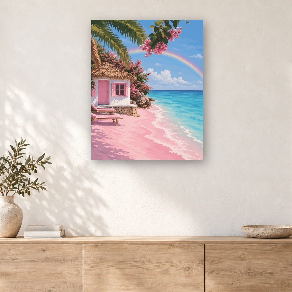 Tableau peinture par numéro Arc-en-ciel sur Sable Rose accroché dans un intérieur décoré, Maison Artsen