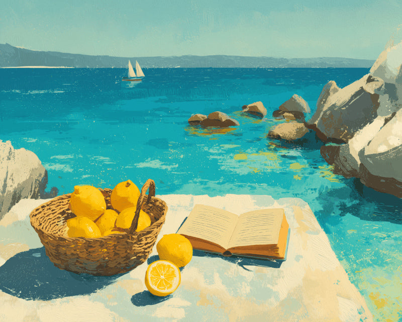 Peinture par numéro adulte Citrons et Roman au Soleil, visuel complet du design sur toile, Maison Artsen