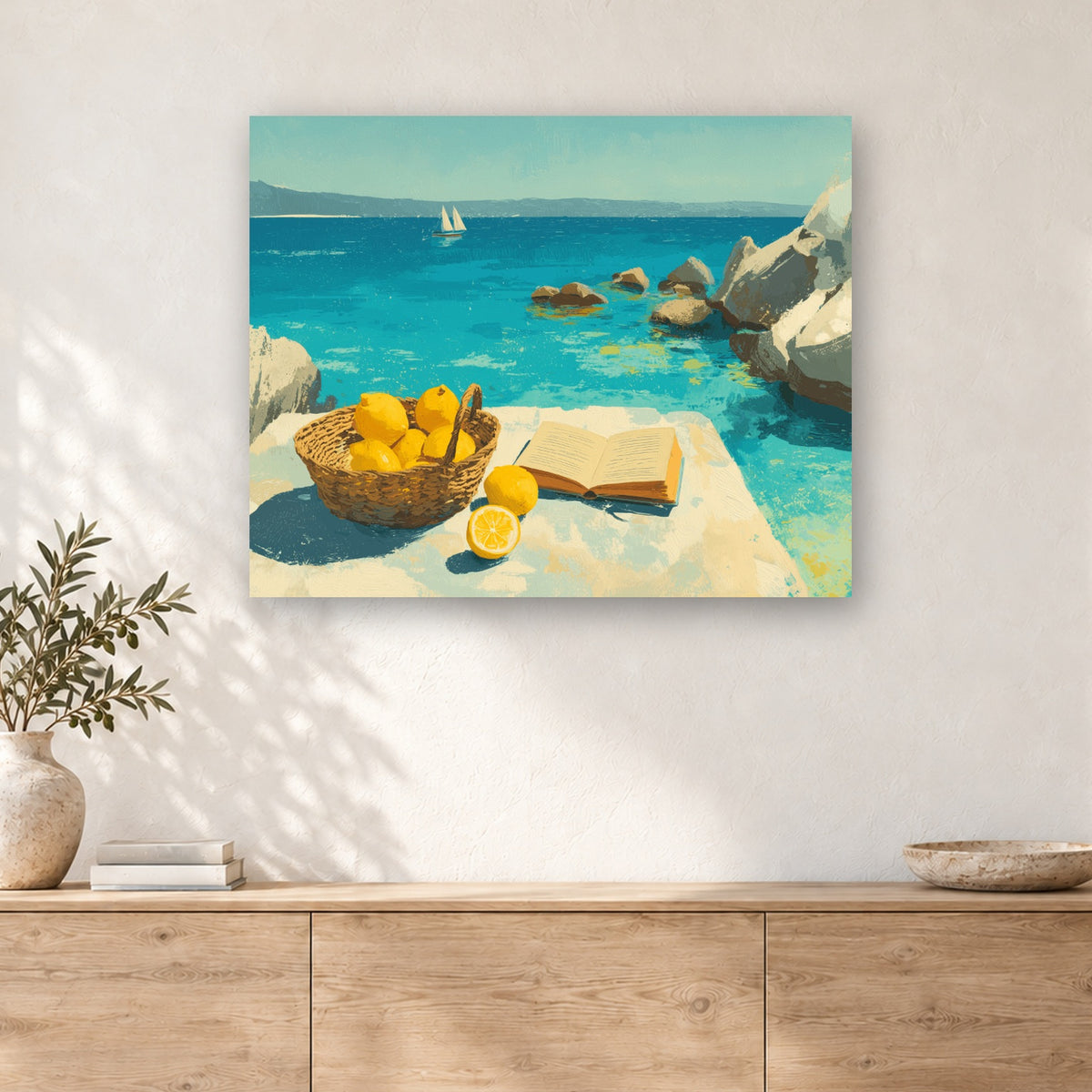 Tableau peinture par numéro Citrons et Roman au Soleil accroché dans un intérieur décoré, Maison Artsen