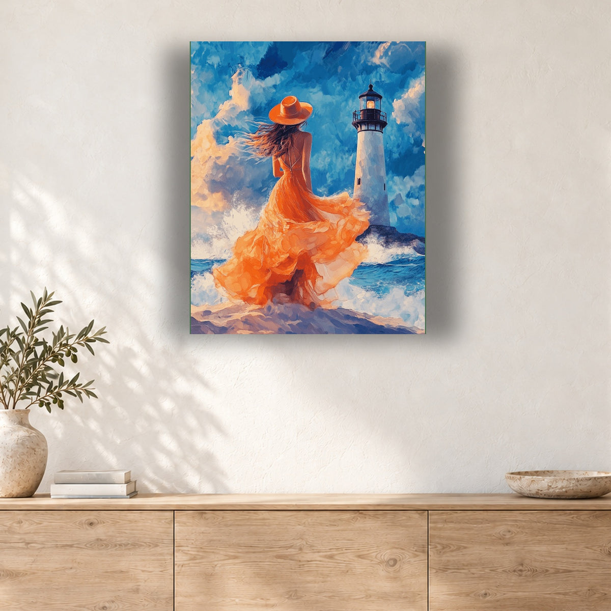 Tableau peinture par numéro Robe Orange dans le Vent accroché dans un intérieur décoré, Maison Artsen