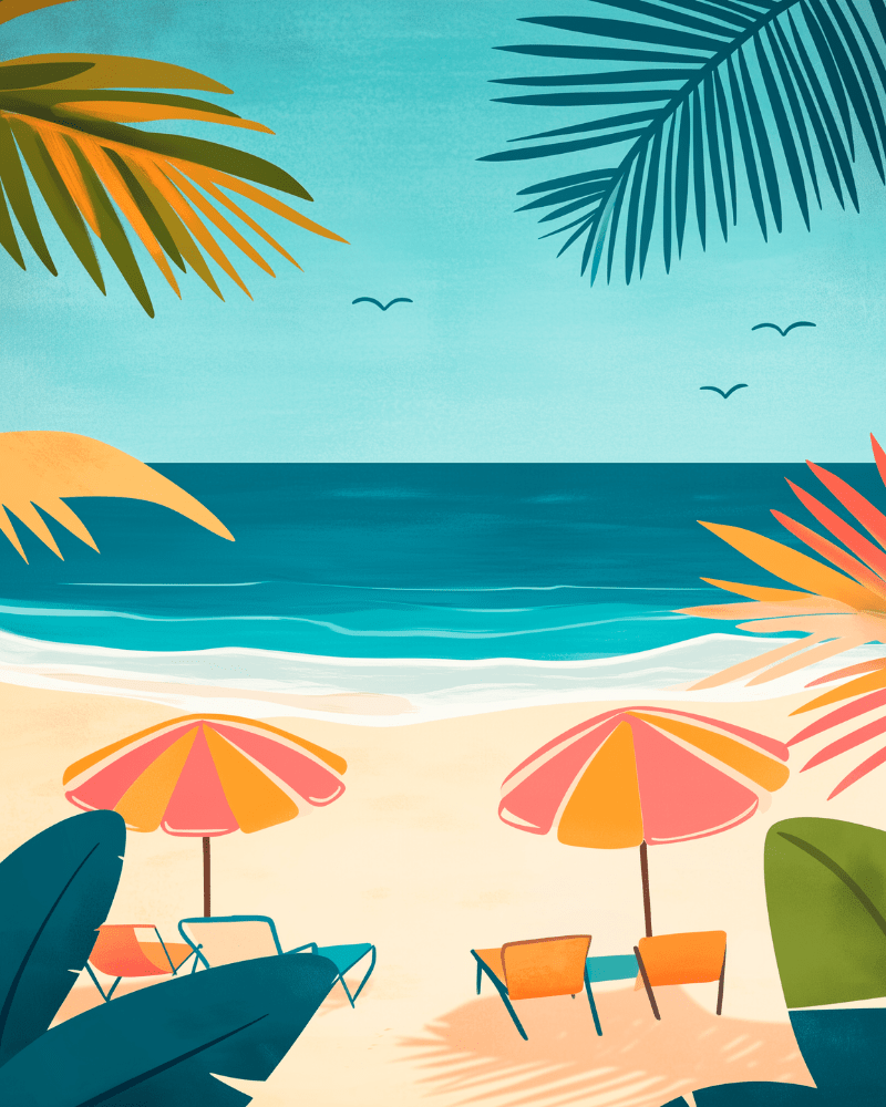 Peinture par numéro adulte Parasols et Palmes, visuel complet du design sur toile, Maison Artsen