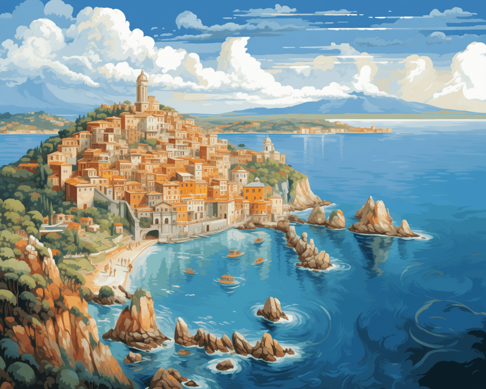 Peinture par numéro adulte Village Perché sur la Mer, visuel complet du design sur toile, Maison Artsen