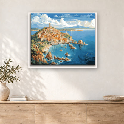 Tableau peinture par numéro Village Perché sur la Mer accroché dans un intérieur décoré, Maison Artsen