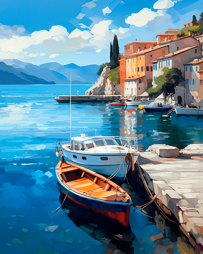 Peinture par numéro adulte Barques du Petit Port, visuel complet du design sur toile, Maison Artsen