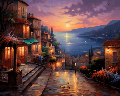 Peinture par numéro adulte Ruelle aux Lanternes, visuel complet du design sur toile, Maison Artsen