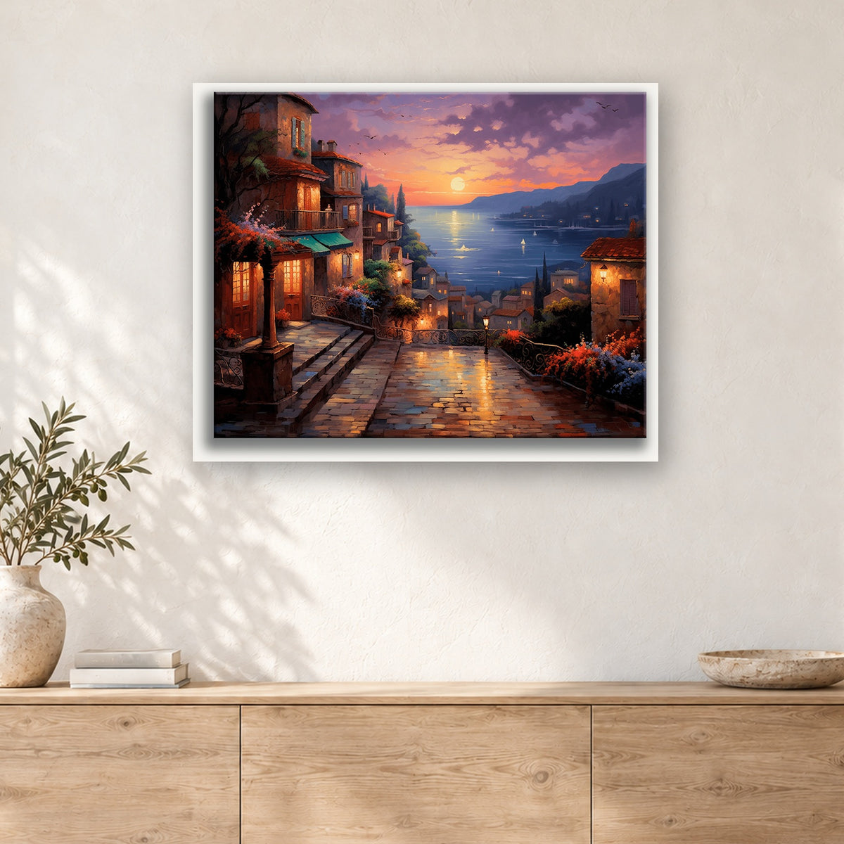 Tableau peinture par numéro Ruelle aux Lanternes accroché dans un intérieur décoré, Maison Artsen