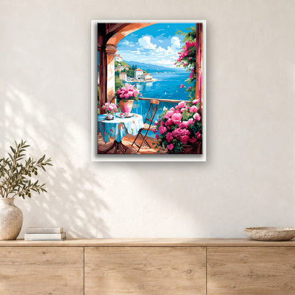 Tableau peinture par numéro Terrasse Fleurie sur le Lac accroché dans un intérieur décoré, Maison Artsen
