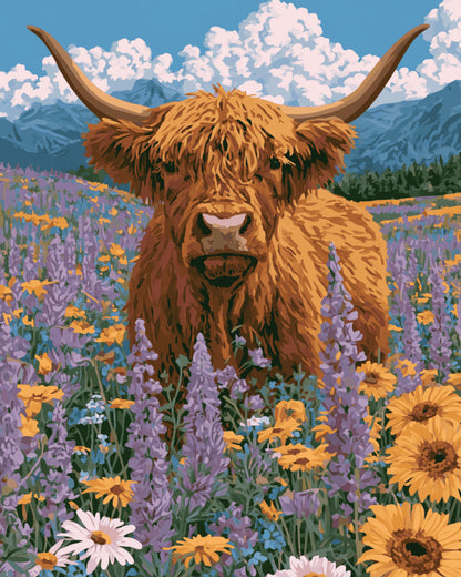 Peinture par numéro adulte Vache Rousse dans les Lupins, visuel complet du design sur toile, Maison Artsen