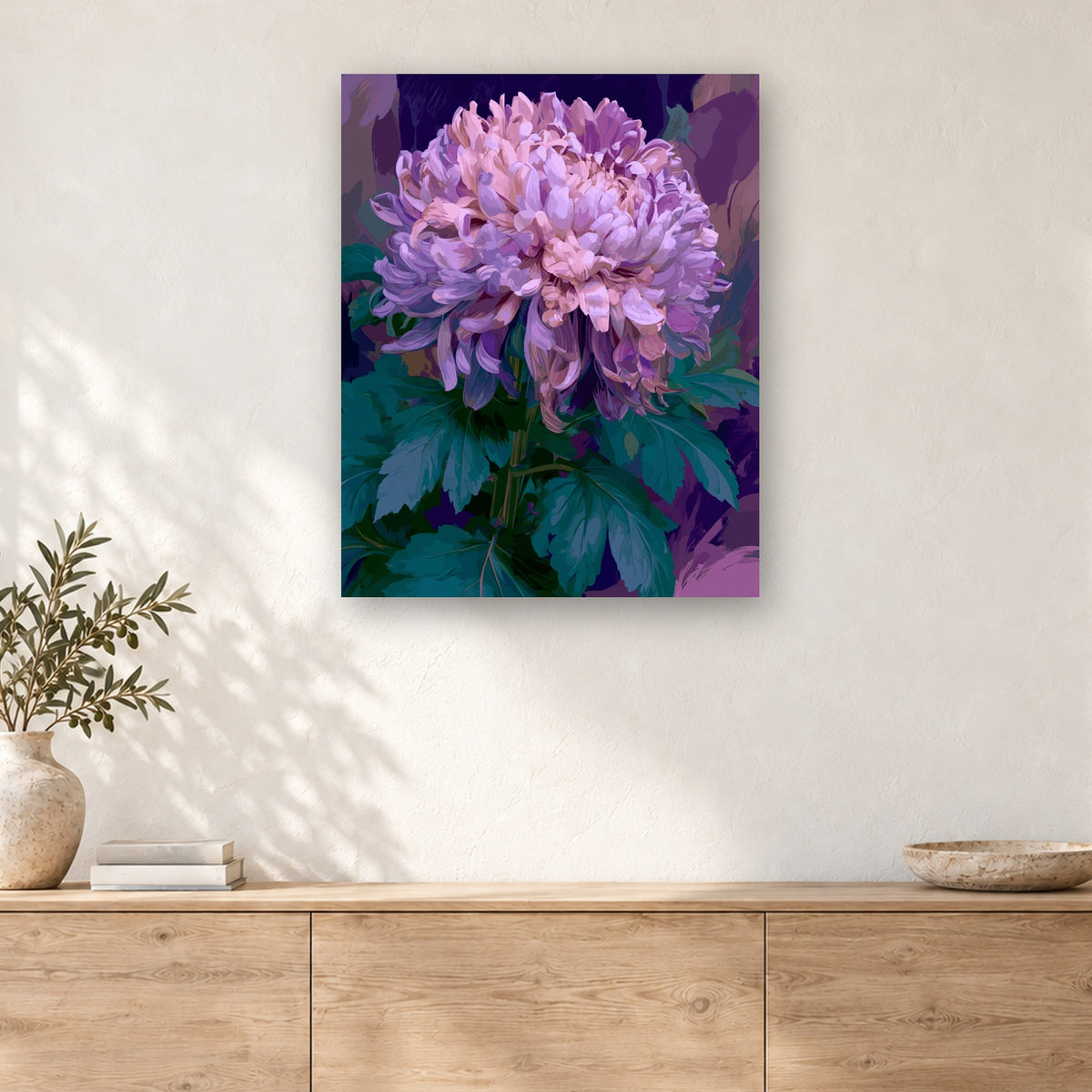 Tableau peinture par numéro Chrysanthème Mauve accroché dans un intérieur décoré, Maison Artsen
