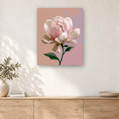Tableau peinture par numéro Fleur de Magnolia Rose Poudré accroché dans un intérieur décoré, Maison Artsen