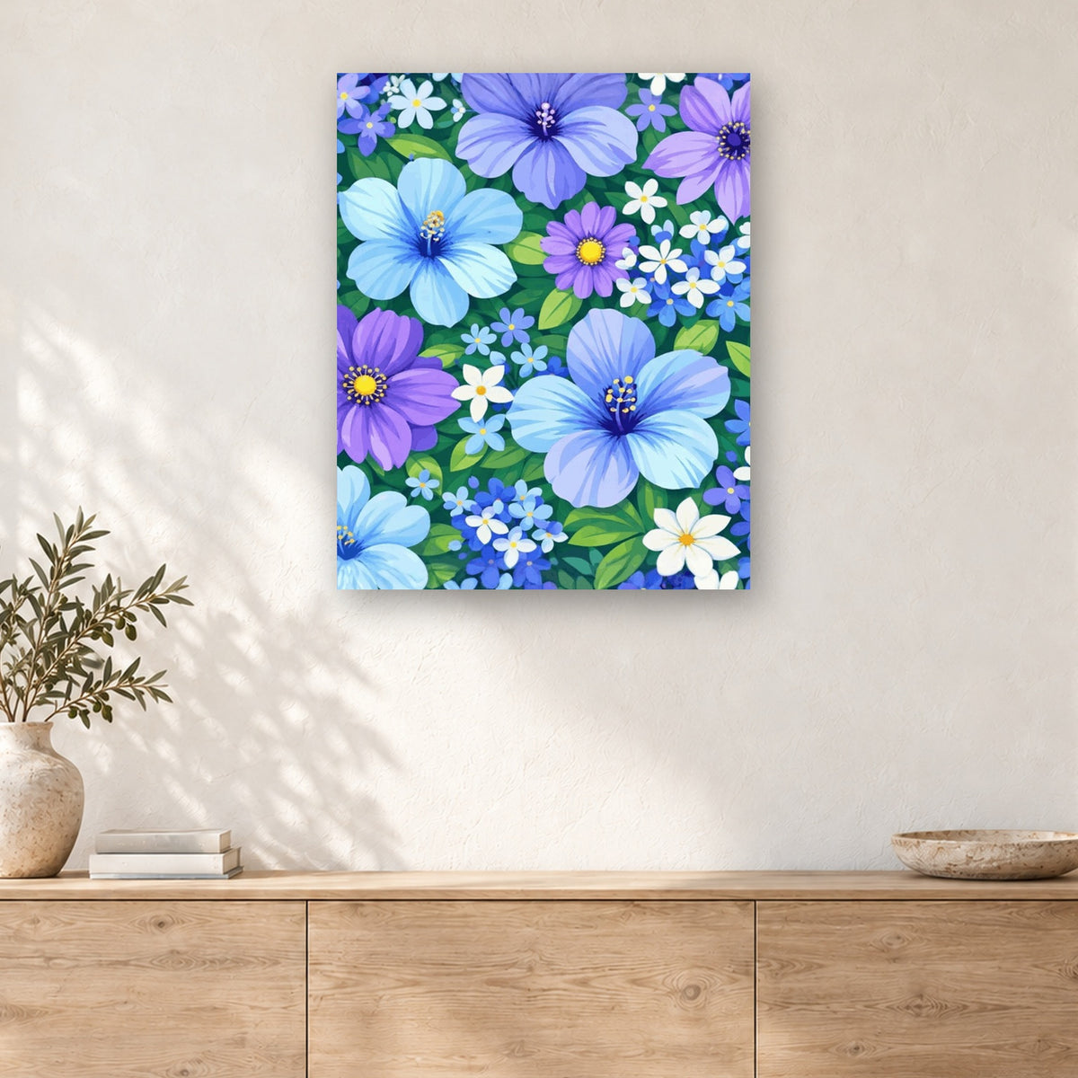 Tableau peinture par numéro Tapis de Fleurs Pervenche accroché dans un intérieur décoré, Maison Artsen