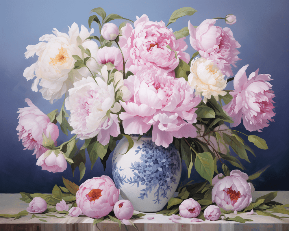 Peinture par numéro adulte Pivoines au Vase Bleu, visuel complet du design sur toile, Maison Artsen
