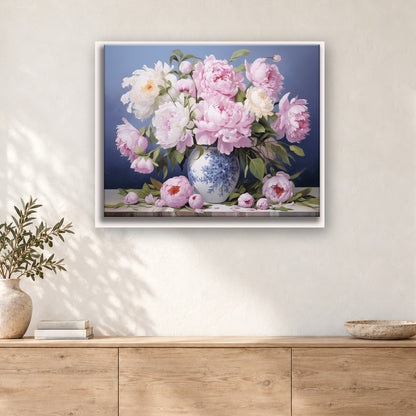 Tableau peinture par numéro Pivoines au Vase Bleu accroché dans un intérieur décoré, Maison Artsen