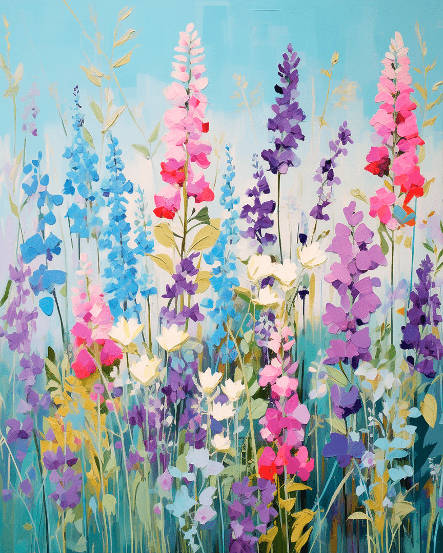 Peinture par numéro adulte Digitales et Delphiniums, visuel complet du design sur toile, Maison Artsen