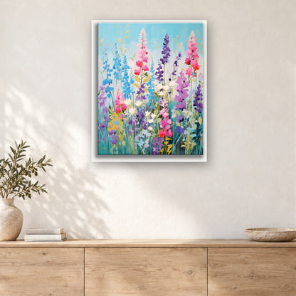 Tableau peinture par numéro Digitales et Delphiniums accroché dans un intérieur décoré, Maison Artsen