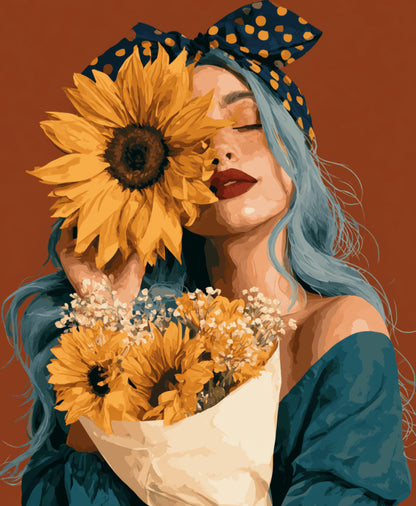 Peinture par numéro adulte Jeune Femme au Tournesol, visuel complet du design sur toile, Maison Artsen