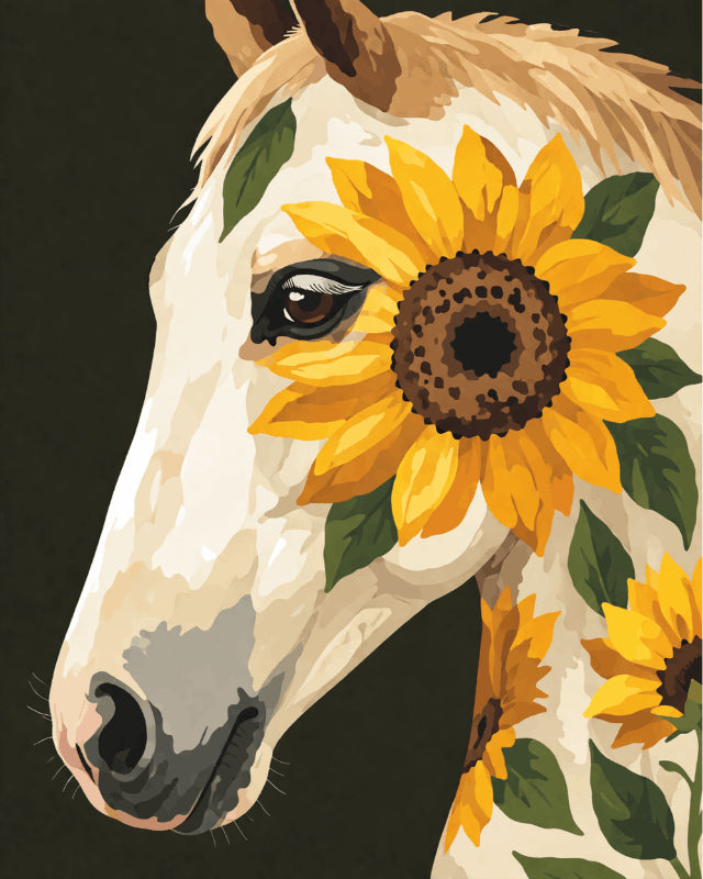 Peinture par numéro adulte Cheval Blanc aux Tournesols, visuel complet du design sur toile, Maison Artsen