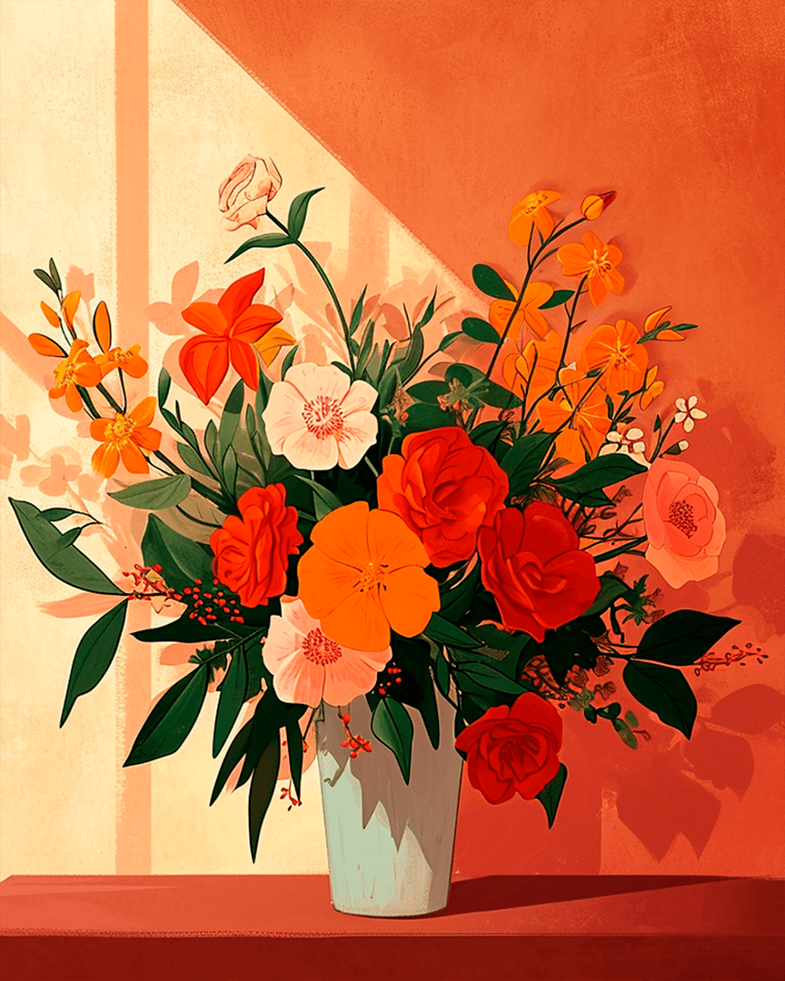 Peinture par numéro adulte Bouquet Orangé au Soleil, visuel complet du design sur toile, Maison Artsen