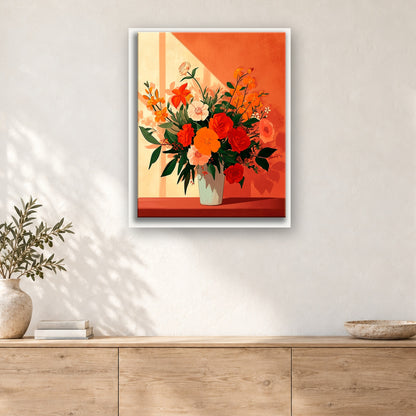 Tableau peinture par numéro Bouquet Orangé au Soleil accroché dans un intérieur décoré, Maison Artsen