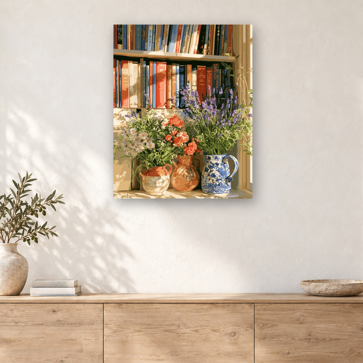 Tableau peinture par numéro Lavande devant la Bibliothèque accroché dans un intérieur décoré, Maison Artsen