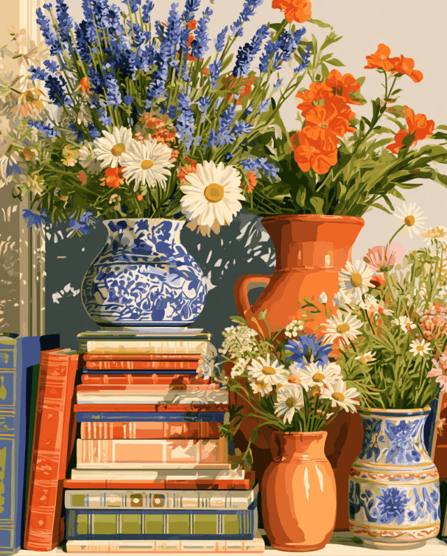 Peinture par numéro adulte Pichets Fleuris sur Livres, visuel complet du design sur toile, Maison Artsen