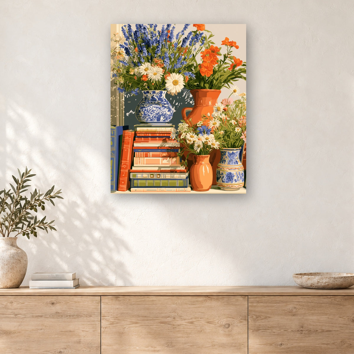 Tableau peinture par numéro Pichets Fleuris sur Livres accroché dans un intérieur décoré, Maison Artsen
