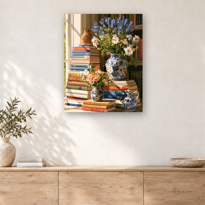 Tableau peinture par numéro Tour de Livres Fleurie accroché dans un intérieur décoré, Maison Artsen