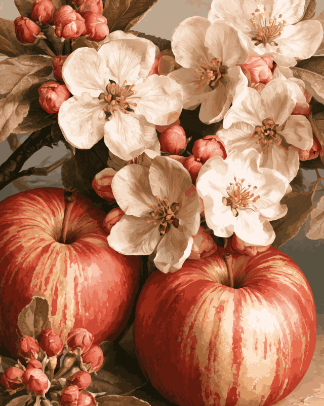 Peinture par numéro adulte Pommes et Fleurs de Pommier, visuel complet du design sur toile, Maison Artsen