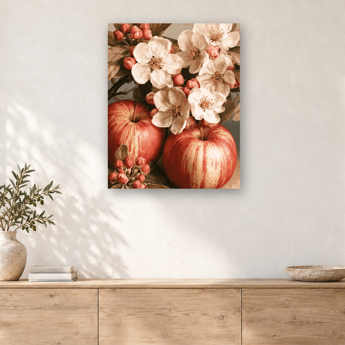 Tableau peinture par numéro Pommes et Fleurs de Pommier accroché dans un intérieur décoré, Maison Artsen