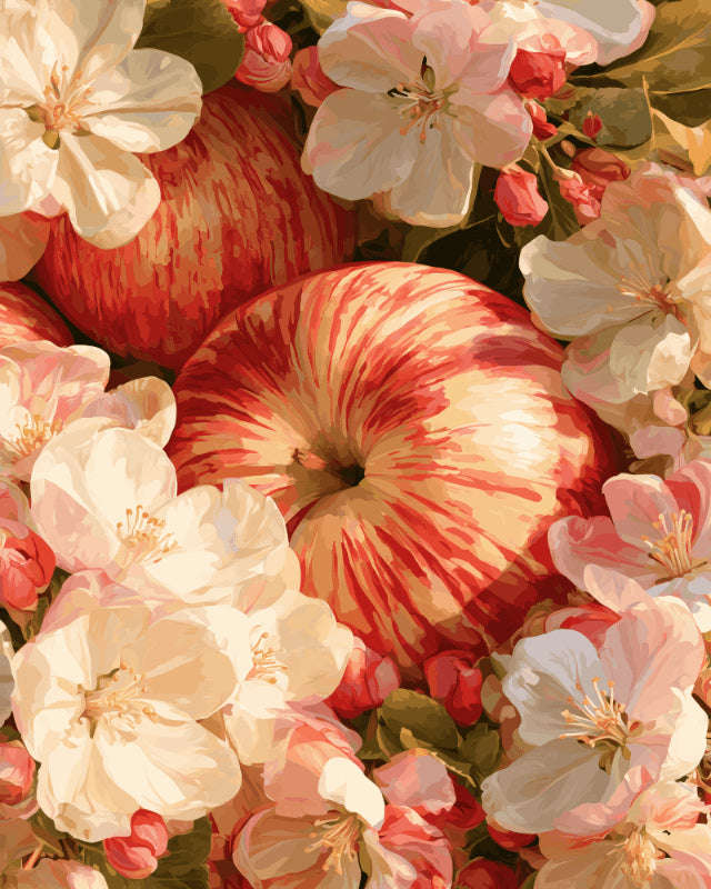 Peinture par numéro adulte Pommes dans les Fleurs, visuel complet du design sur toile, Maison Artsen