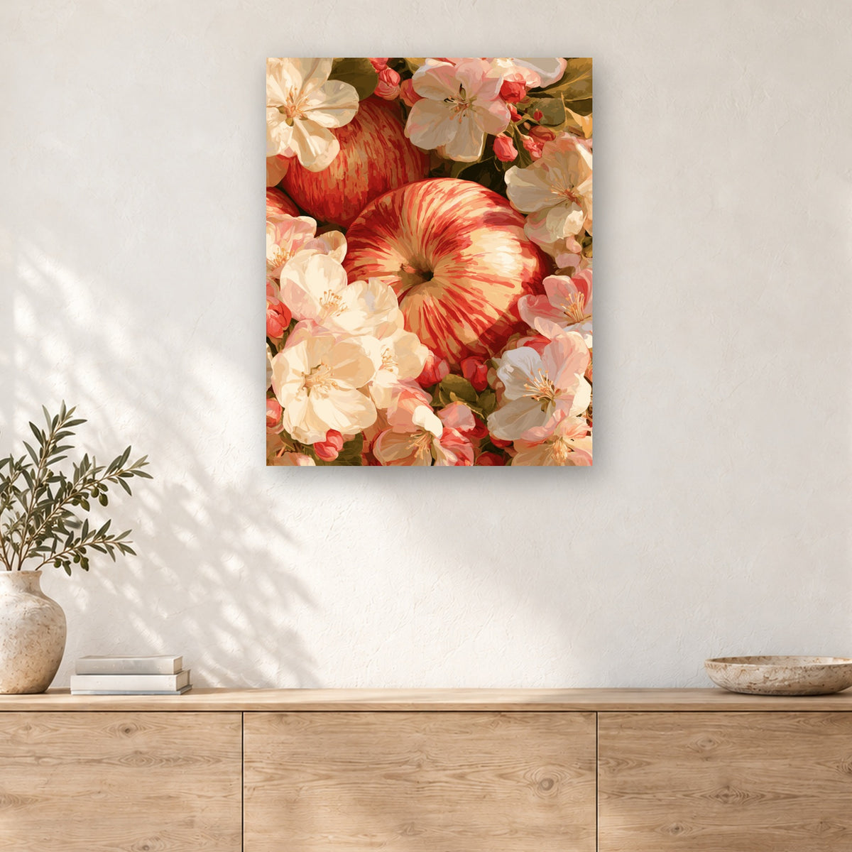Tableau peinture par numéro Pommes dans les Fleurs accroché dans un intérieur décoré, Maison Artsen