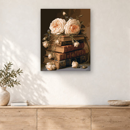 Tableau peinture par numéro Roses Crème sur Vieux Livres accroché dans un intérieur décoré, Maison Artsen