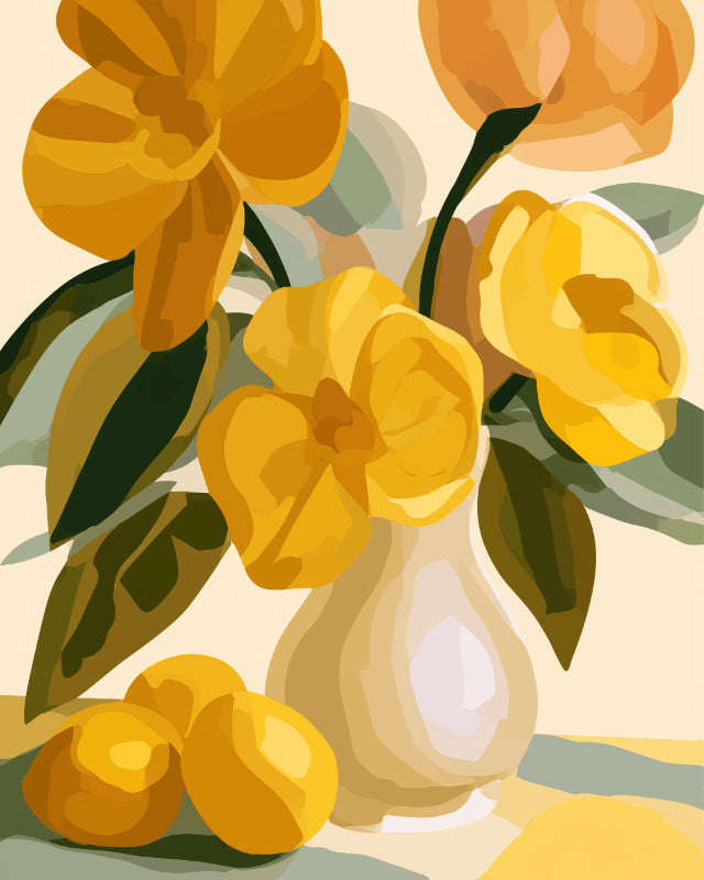 Peinture par numéro adulte Fleurs Jaunes et Citrons, visuel complet du design sur toile, Maison Artsen