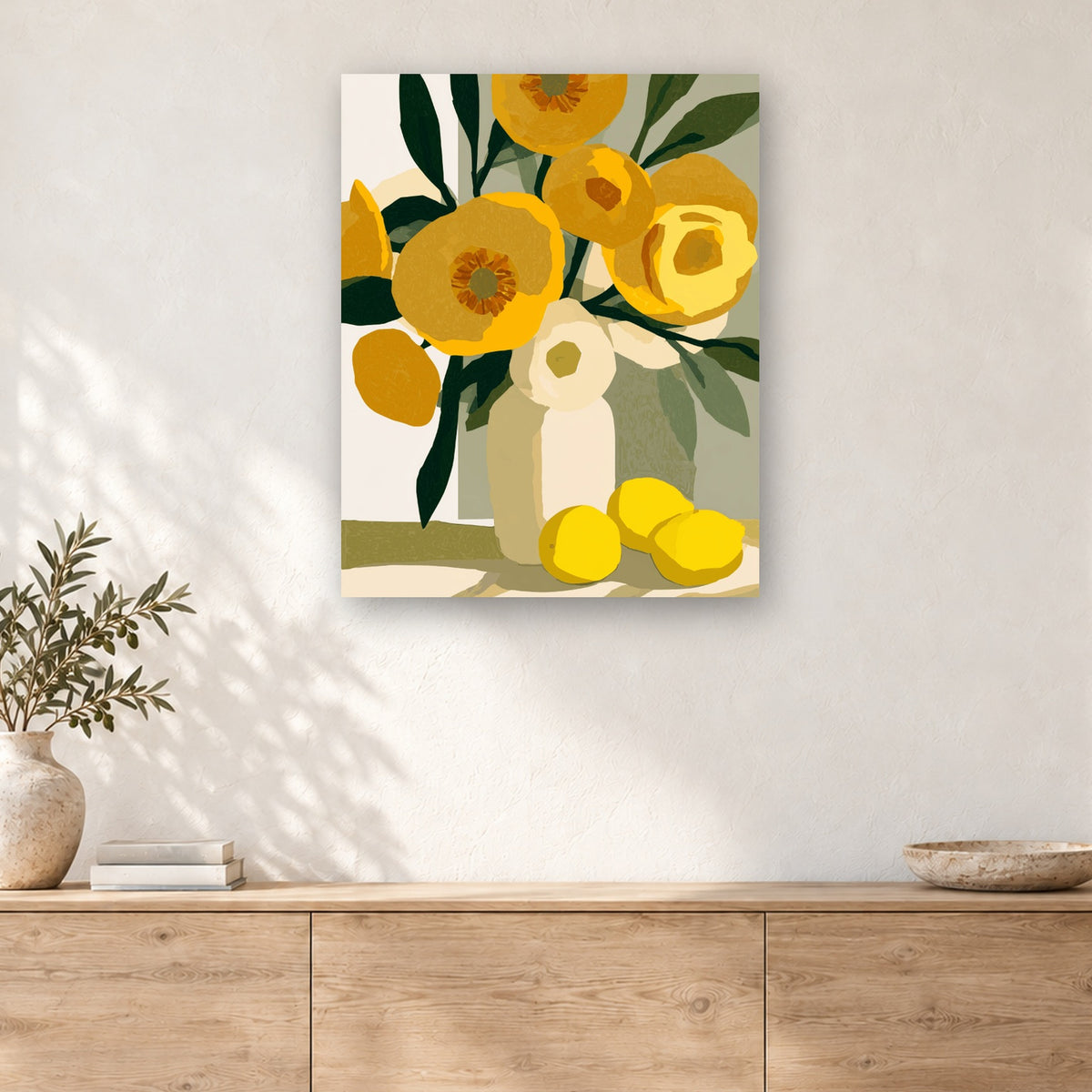 Tableau peinture par numéro Pavots Dorés et Citrons accroché dans un intérieur décoré, Maison Artsen