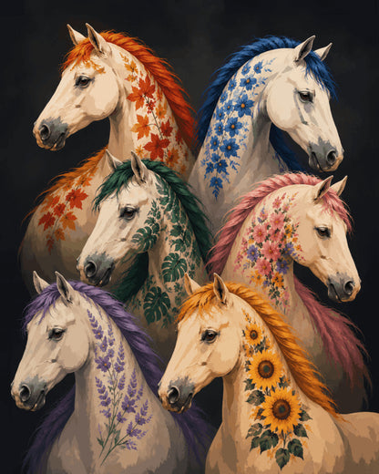 Peinture par numéro adulte Chevaux Ornés de Fleurs, visuel complet du design sur toile, Maison Artsen