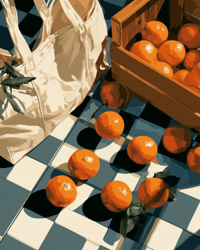 Peinture par numéro adulte Oranges sur le Damier, visuel complet du design sur toile, Maison Artsen