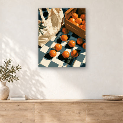 Tableau peinture par numéro Oranges sur le Damier accroché dans un intérieur décoré, Maison Artsen