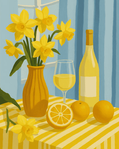 Peinture par numéro adulte Jonquilles et Vin Blanc, visuel complet du design sur toile, Maison Artsen