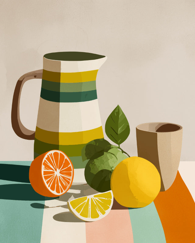 Peinture par numéro adulte Pichet Rayé et Agrumes, visuel complet du design sur toile, Maison Artsen